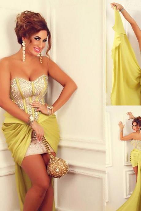 Sexy 2015 Evening Dresses Sweetheart Neckline Sequins Crystal Beaded Ruched Cocktail Dresses Evening Dresses High Lows